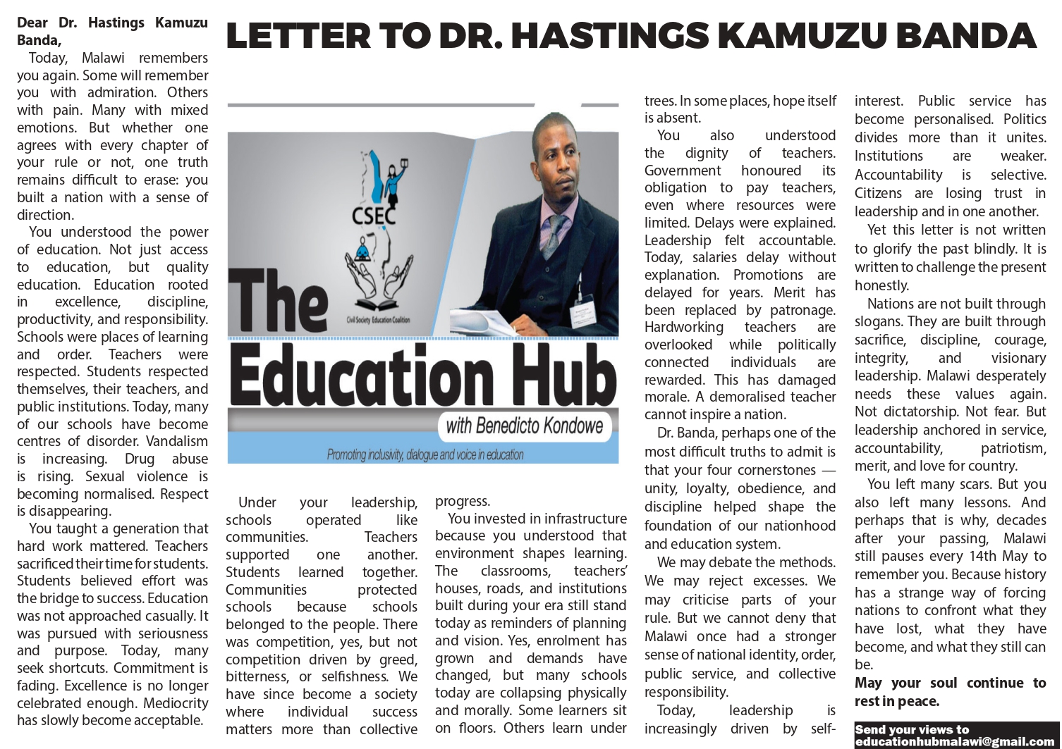 LETTER TO DR. HASTINGS KAMUZU BANDA